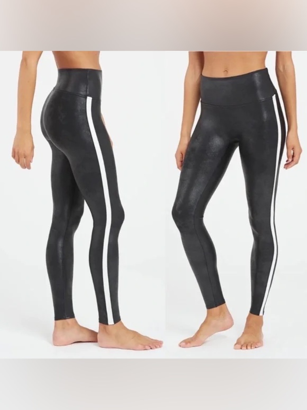 Spanx XL Faux Leather High-Waisted Side Stripe Sporty Leggings - Black/White